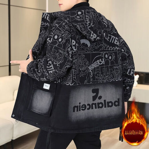 NASALIKE冬季中长款牛仔外套男加绒加厚宽松潮流大码派克服学生青少年棉服 719黑色 加绒加厚 XL 110-130斤左右