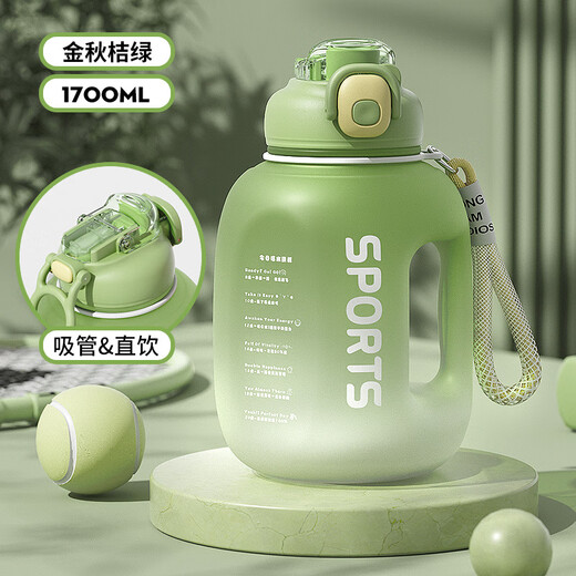 WINTERPALACE ton barrel sports water bottle large capacity plastic cup for men and women with big belly straw outdoor fitness ton pier space cup Mu Dongyan black 1700ml ton barrel