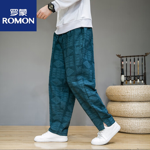 罗蒙（ROMON）中国风男装亚麻裤子男士加肥加大码阔腿灯笼裤春夏棉麻休闲哈伦裤 灰色 XL (150斤下)