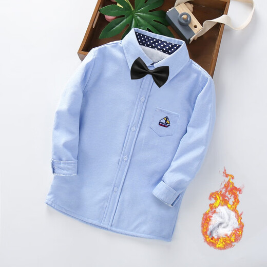 Xin Yueqing boys' autumn and winter velvet long-sleeved shirt for middle and large children casual versatile shirt children's thickened warm base cardigan - sailing boat - blue velvet 120 yards