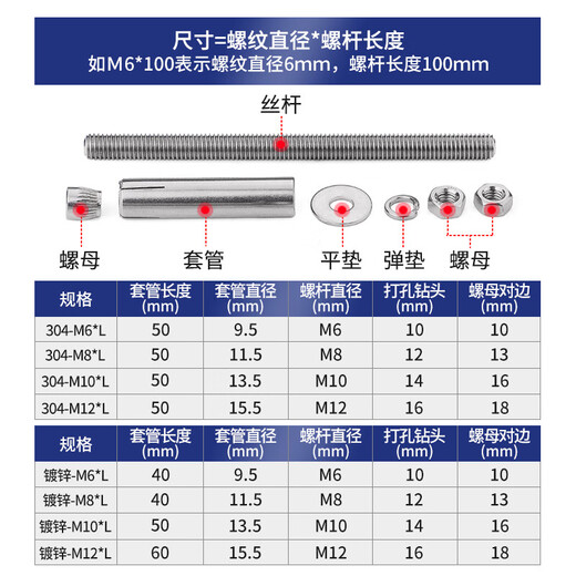 JINGGONG 304 stainless steel extended expansion screw rod long ceiling expansion pipe bolt pipe bracket accessories M6*80 (1 set)