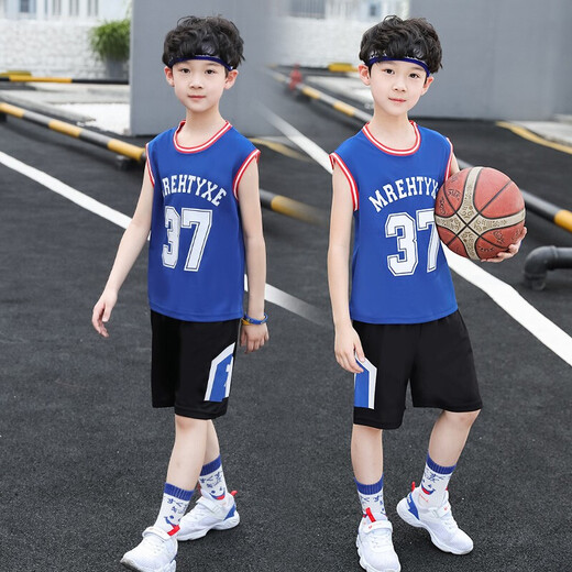 Yoyowa children's clothing boys' suits children's basketball uniforms summer clothes 2021 new middle and large children's school uniforms sports sleeveless vest shorts two-piece boys' clothes 3-15 years old trendy QQ217 blue size 150 recommended height 140cm