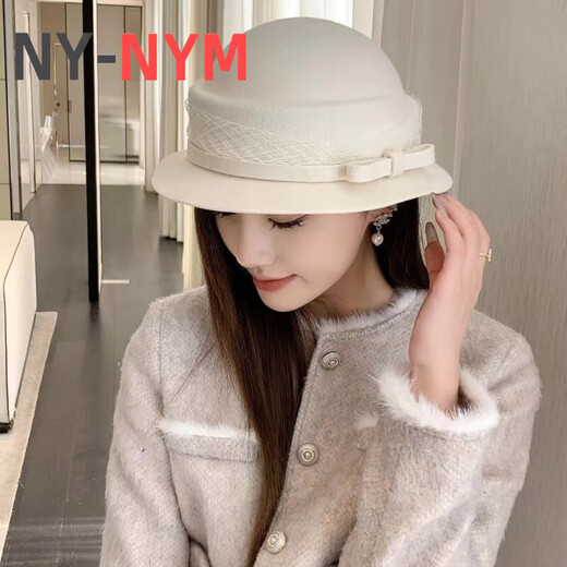 NY-NYM autumn and winter mesh small bow wool hat women's retro Hepburn style woolen hat temperament elegant small brim basin hat milky white adjustable (54-58cm)
