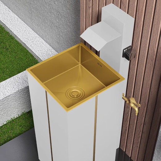 Stainless steel pedestal wash basin outdoor wash basin courtyard floor-standing pedestal basin home balcony outdoor pool black waterfall faucet pedestal basin (black)