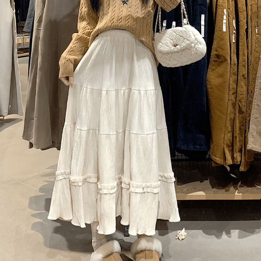 Miao Yijia Autumn Skirt New Style Versatile Winter Skirt Large Hem Skirt Long Skirt Women's Cake Skirt Covering Belly Skirt Small Lace Pleated Skirt Beige M Recommended 95-110 Jin Jin equals 0.5 kg