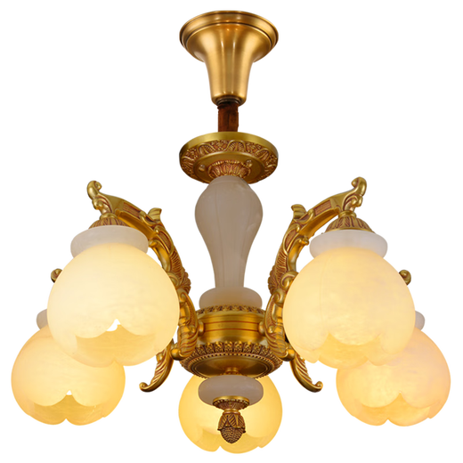 Poly Caran Restaurant Chandeliers Rectangular European Estudio europeo Lámpara de cobre completa Luxury Tea Room Foyer 2023 Nueva lámpara de mármol [7024-5L] Marble importado + latón estándar nacional National Brass
