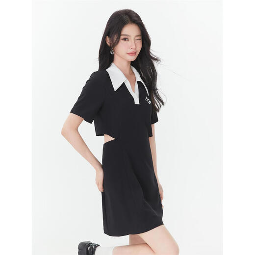 Fantu Fantu Casual Slim Contrast Color Polo Neck Hot Girl Dress Women 2023 Summer New Style Revealing Waist Hollow Design Black S