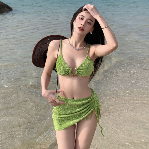 Swimwear Women's Bikini 2024 New Seaside Beach Sexy Three-piece Set with Breast Pads Small Breasts Push-Up Hot Spring Vacation Black (Three-piece Set) S (40-48kg) Reject inferior quality