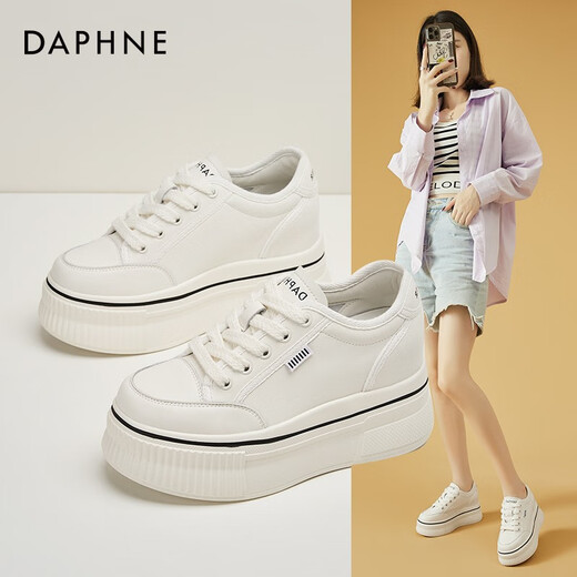 达芙妮（DAPHNE）帆布鞋女休闲饼干鞋黑白格子厚底增高鞋子新款学生百搭春款 1048款米色 34 (220mm) 标准码