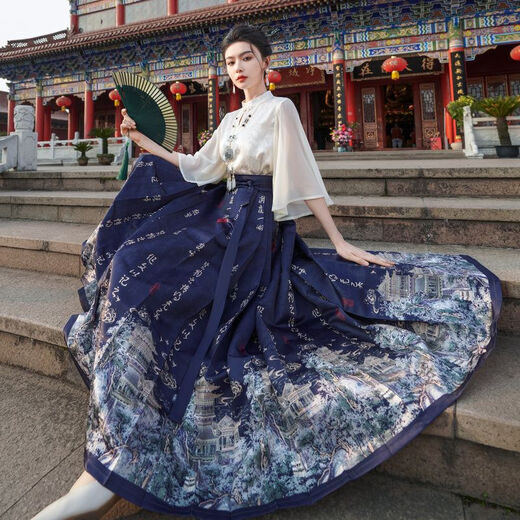 Liebe die farbenfrohe Kleidung der Familie Han, Han Tang Style, chinesischen Stil, Mingstil, Han-Stil, einteiliger Pferde-Gesichtsrock, verbesserter chinesischer Stil, Tangstil, 9719 blauer Postrock L.