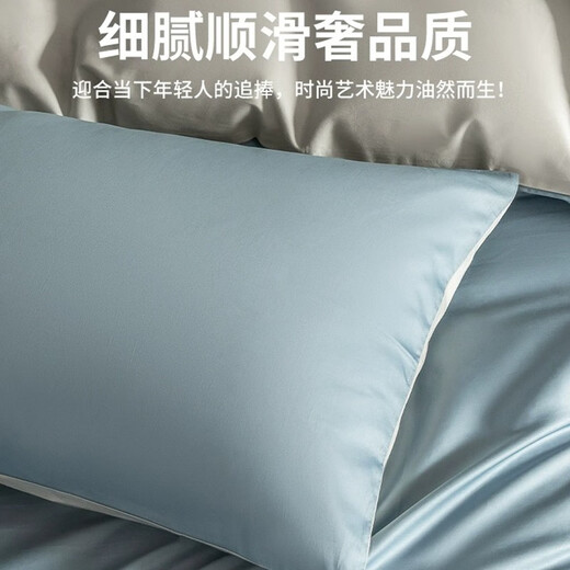 SOMERELLE (SOMERELLE) tribute satin long velvet cotton pure cotton bed four-piece set 100% cotton single double quilt cover cover sheets and bed cover light luxury bedding products Quiet blue + smoke and ink ash 1.5/1.8m bed sheet four-piece set-quilt cover 200*230