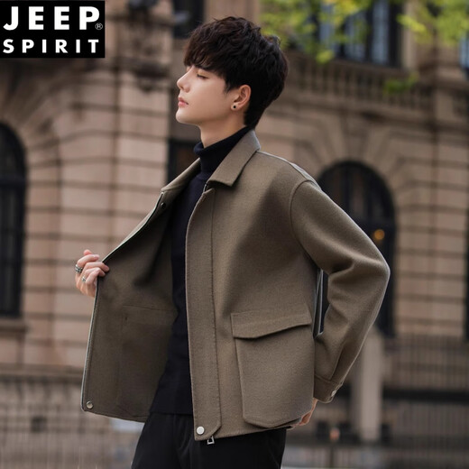 JEEP SPIRIT autumn and winter high-end wool double-sided woolen coat men's short lapel jacket woolen top men's woolen coat light brown XL 130-150Jin Jin equals 0.5 kg