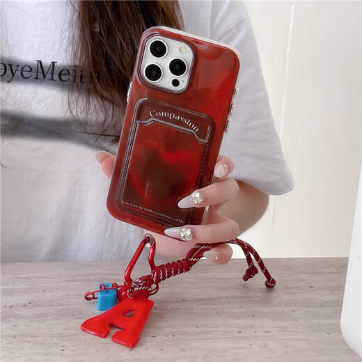 AOI también se aplica a la caja de teléfonos móviles Apple 16Promax Nueva bolsa de tarjeta con cordón con Lanyard iPhone 15 Women's 14 Red 13 [Bag Card Wine Red Love] + Bracelet iPhone 15