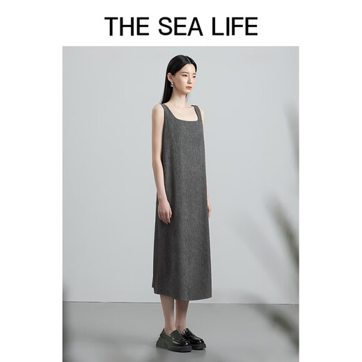 THE SEA LIFE欧海一生 方领背带裙秋季纹理设计百褶宽松简约12211 苜蓿灰 M