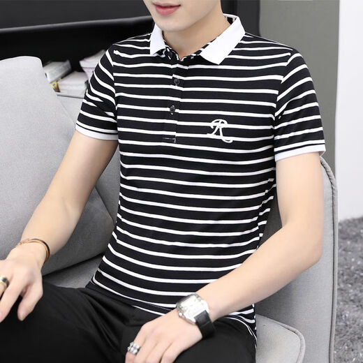 
NanYUQIU summer men's short-sleeved T-shirt striped Korean style trendy half-sleeved slim collared top clothes men's lapel 6636 brick red strips 2XL 135-150Jin [Jin equals 0.5 kg]