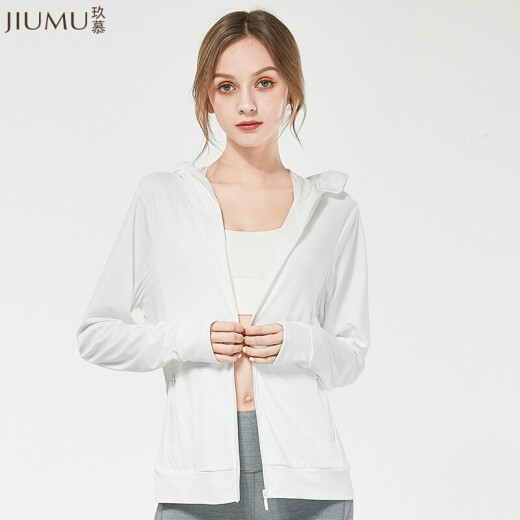 Jiumu women's sun protection clothing outdoor sunshade hooded face covering jacket spring and summer light and breathable sun protection clothing anti-UV sun protection shirt skin windbreaker YD002 angel white L size