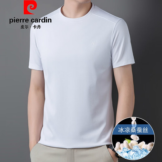皮尔卡丹（pierre cardin）官方高端桑蚕丝短袖恤男士夏季薄款潮流透气冰圆领休闲运动上衣体 品牌旗舰D13601黑色 165/M