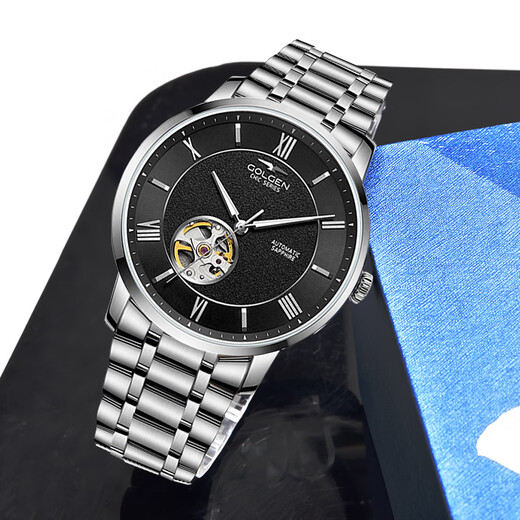 Geschenkempfehlung: GOLGEN Uhr Herren vollautomatische mechanische Uhr trendige hohle römische Skala wasserdichtes Stahlband Modeuhr Marke 6187 Stahlband blaue Platte Herrenuhr GN.6187M.BU