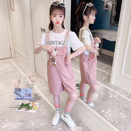 小咕嘟熊童装女童套装夏装中大儿童装休闲短袖两件套小女孩衣服背带裤服装 粉色 160