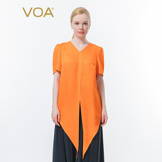 VOA silk dark pattern jacquard orange V-neck short sleeve asymmetrical bead pressed pleated swallowtail hem mulberry silk T-shirt BE679 Happy Orange (C02) XL