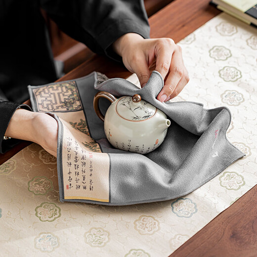 Zheming thickened tea towel cloth absorbent Zen style Chinese tea table special towel rag Chinese style pot towel mat high-end tea cloth painted Ruyi tea towel emerald green