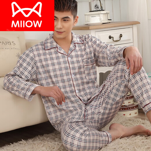 
Cat Man (MiiOW) pajamas for men in spring and autumn pure cotton men's plus size long sleeve men's cardigan suit home clothes autumn thin summer wine red 844 red 2XL (height 165 172
