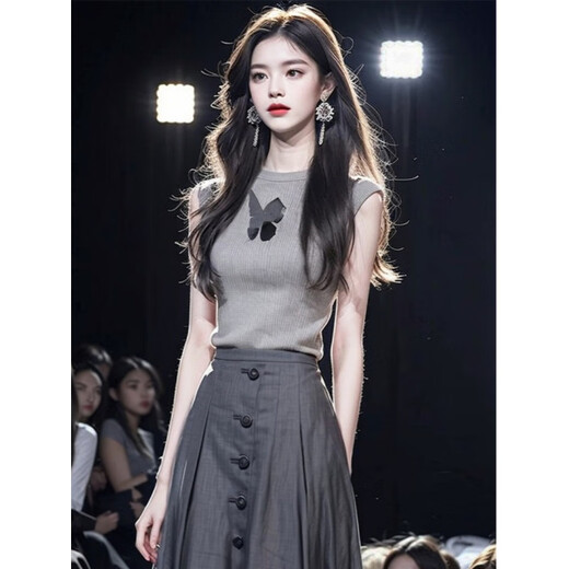 欧迪惠（Oudihui）2025年新款名媛法式连衣裙女装夏季小洋装无袖上衣半身裙子女套装 灰色套装 M