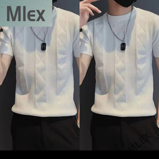 MLEX cool clothing individual store short-sleeved sweater men's slim knitted half-sleeved bottoming shirt round neck. T-shirt white (round neck) M (90-105Jin Jin equals 0.5 kg)