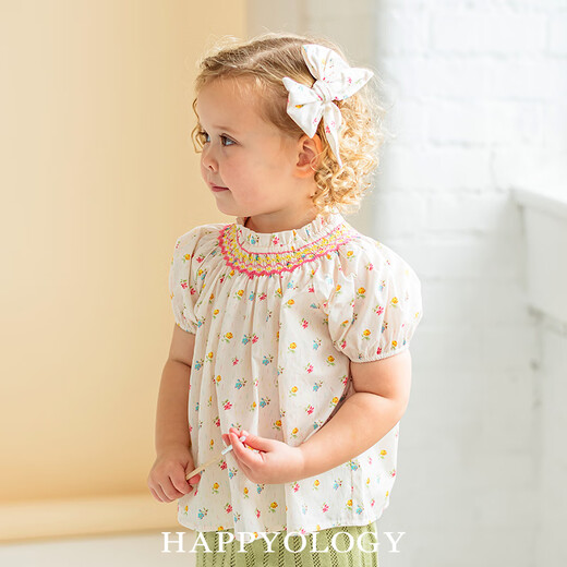 Happyology British girls summer pure cotton floral top baby girl's ear-trimmed stand-up collar puff sleeve shirt Starry Night Secret Garden 98 (98cm)