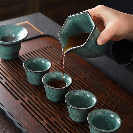 Kanglepin Black Ice Glaze Tea Set Complete Set of Household Ceramic Ice Crack Glaze Teapot Teacup Water Ice Flower Kung Fu Tea Set Qianchuan (Plate) + Black Ice Covered Bowl Teapot 14-Simple Pack