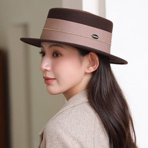 Xiangxue Yuxiu French celebrity wool wool top hat for women in autumn and winter elegant versatile felt hat Hepburn fashionable simple flat hat for women camel color
