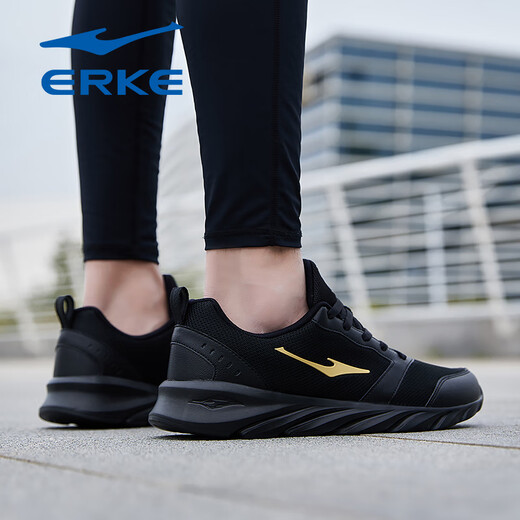 Hongxing Erke Men's Shoes Summer Light Sports Shoes Sports Men's Black No-Slip Woven Red Star Round Spote Spure Shops Mesh Casual zapatos casuales, Black/King Gold 3291 (malla de cuero) 42