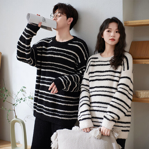Shaqian couples pajamas winter half velvet plus velvet thickened coral velvet men and women autumn and winter striped warm home clothes