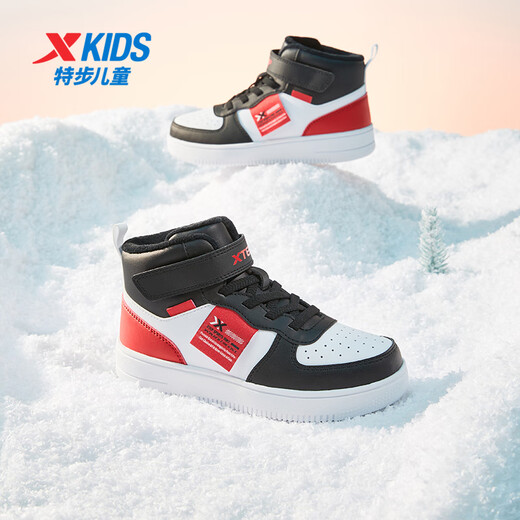 XTEP (XTEP) children's shoes for boys and girls, leather Velcro high-top cotton shoes, black/XTEP white/No. 1 red, size 29