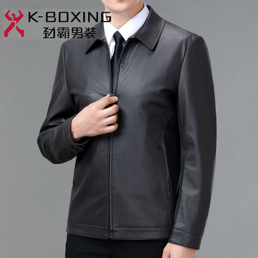 JINBA new autumn and winter middle-aged lapel genuine leather jacket for men slim sheepskin daddy casual leather jacket 8116 black single leather one size 190/56
