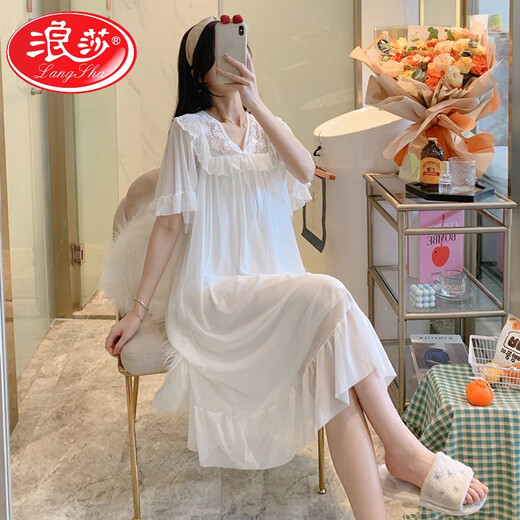 LangSha Palace Style Princess Night Dress Summer Thin Sweet Modal Pajamas Lace Lace Mesh Ice Silk Home Suit Summer W7371 XL [Recommended 120-140Jin [Jin equals 0.5 kg] Wear]