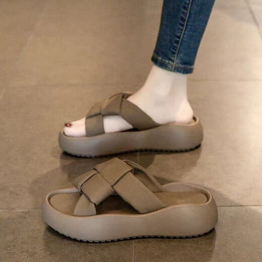 Belle Pedal Sandalen für Frauen im Sommer Wear 2025 Neue Strandsandalen mit dicker Locker-Strand modische Damen Schwangere Frauen pedalen Flip-Flops Khaki Farbe [verbessertes Modell] 37
