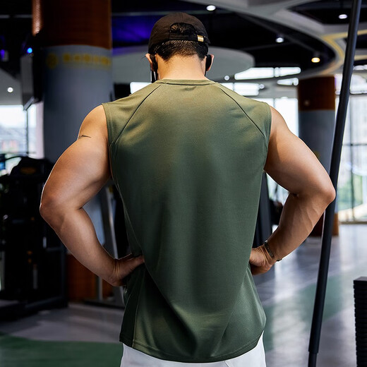 Lutielang Fitness Vest Men's Sports Loose Summer Sleeveless Quick-Drying Clothes Marathon Running Racing Training Vest Military Green L