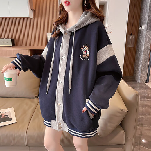 Han Xinman Autumn Girls' Jackets Spring and Autumn Sweaters Female Students 2025 Autumn and Winter New Korean Style Loose Hooded Cardigans Apricot Velvet Thickened Jackets Trendy Tops Baseball Uniforms One Size (Can Remark Size)
