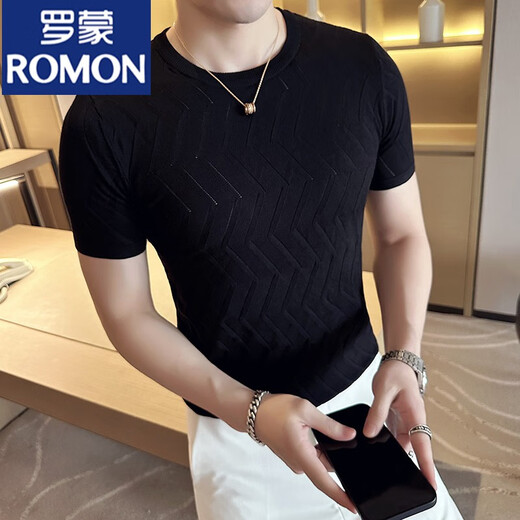 罗蒙（ROMON）夏季冰丝黑色男士高端短袖t恤男镂空针织圆领修身新款透气T恤薄款 9766粉色 (菱形格款) M