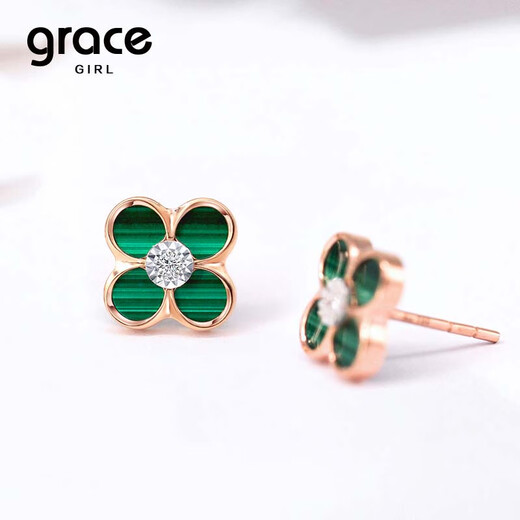 Grace Girl diamond four-leaf clover earrings for women malachite versatile rose gold earrings Chinese Valentine's Day birthday gift for girlfriend