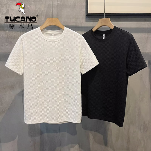 啄木鸟轻奢冰丝短袖夏季t恤男装圆领宽松2024新款男士半袖上衣服潮牌 黑色 XL 约130-150斤