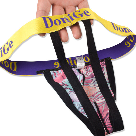 Dumi International men's sexy ultra-thin ice silk underwear printed double-strap T-shaped underwear elastic close-fitting single pack yellow bottom printing 5418 1 pair XXL2.6-2.8 feet