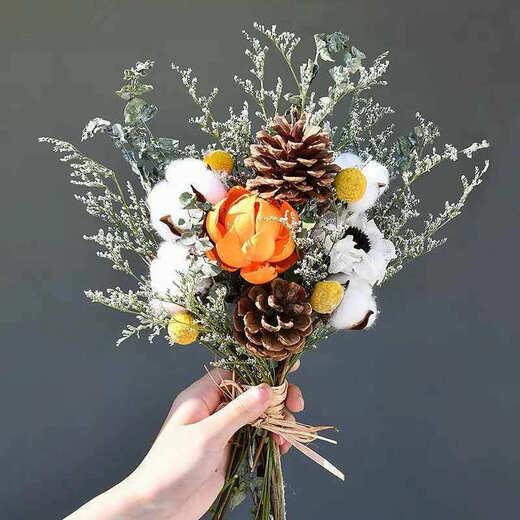 AIMAN dried flowers immortal flower decorative ornaments cotton real flowers small fresh eucalyptus leaves daisies pine cones living room bedroom flower arrangement magnolia flower + golden ball + immortal yellow hydrangea with glass vase