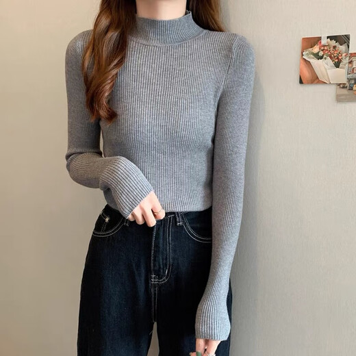 BONAS solid color half-turtleneck long-sleeved sweater women's base layer spring, autumn and winter Korean style versatile slim-fit sweater tops for women, half-turtleneck black, one size fits all (80-140Jin Jin equals 0.5kg)