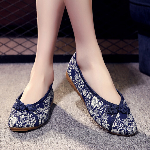 Yonghe Chun Ancient Style Embroidered Shoes Fashion Flat Women's Shoes Old Beijing Cloth Shoes Printed Cloth Hanfu Shoes National Style Cheongsam Women's Single Shoes 166 Dark Blue 40 Smaller Size