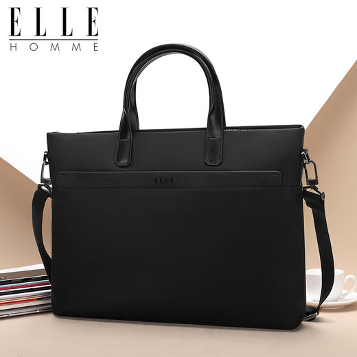 ELLE HOMME Business Men's Briefcase Fashionable Canvas Crossbody Handbag Casual 14-inch Computer Bag 02210 Black