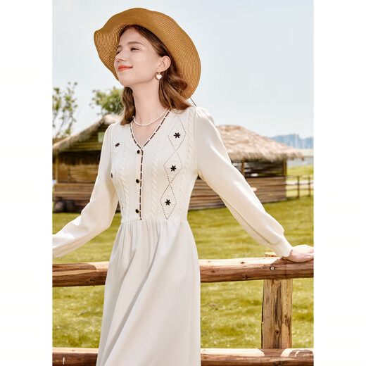 Betu women's autumn new dress temperament stitch stitch fake two-piece waist dress for women 2309T88 light apricot S