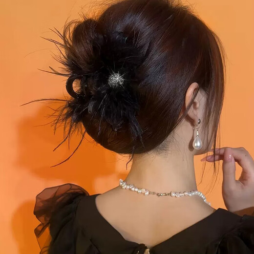 Pretty three-year-old high-end feather clip women 2025 new autumn and winter back hair hair clip shark clip clip headdress golden rhinestone [feather clip]