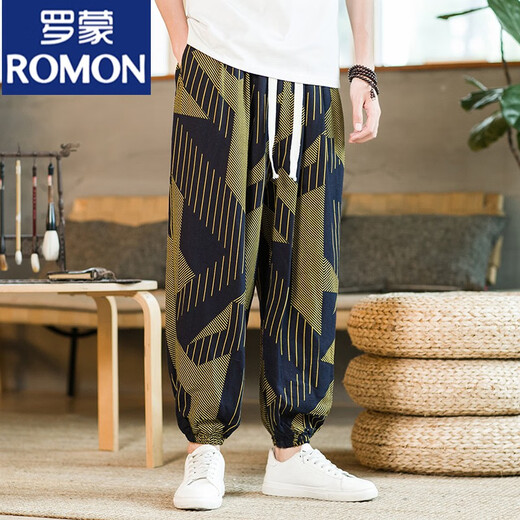 罗蒙（ROMON）亚麻夏季男士裤薄款男人灯笼裤宽松束脚九分哈伦休闲裤大码花裤子 299条纹 棉麻 M 【建议90斤-120斤】